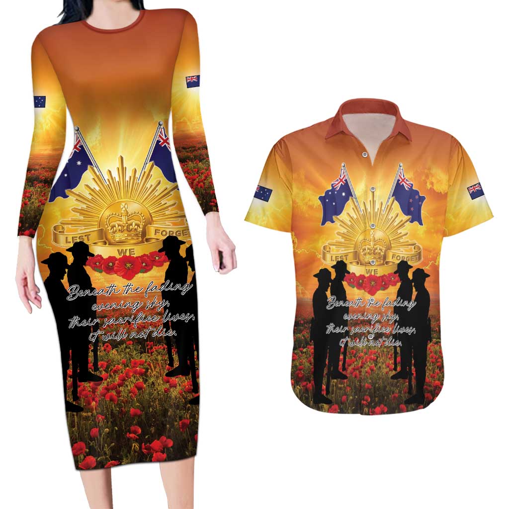 ANZAC Day Couples Matching Long Sleeve Bodycon Dress and Hawaiian Shirt Remembrance Tribute Soldiers And Poppy Field LT05 Orange - Polynesian Pride