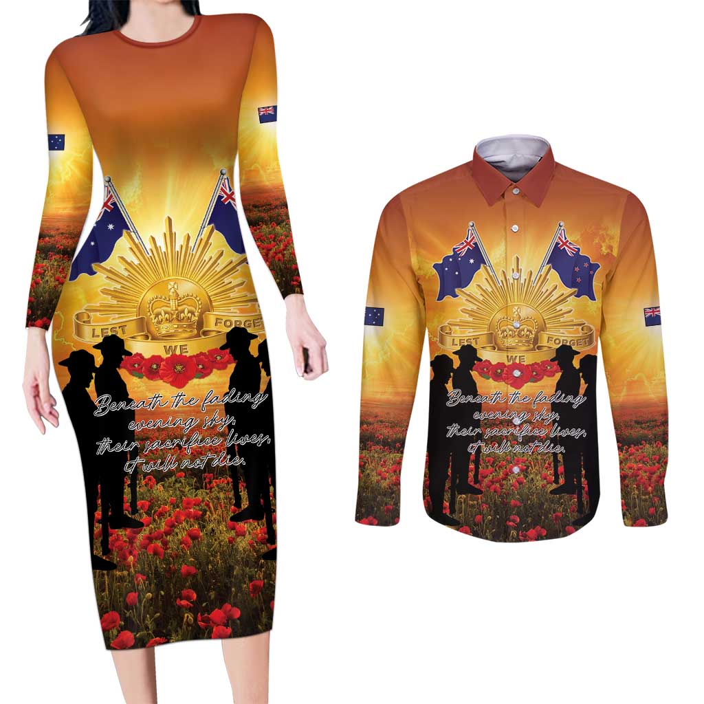 ANZAC Day Couples Matching Long Sleeve Bodycon Dress and Long Sleeve Button Shirt Remembrance Tribute Soldiers And Poppy Field LT05 Orange - Polynesian Pride