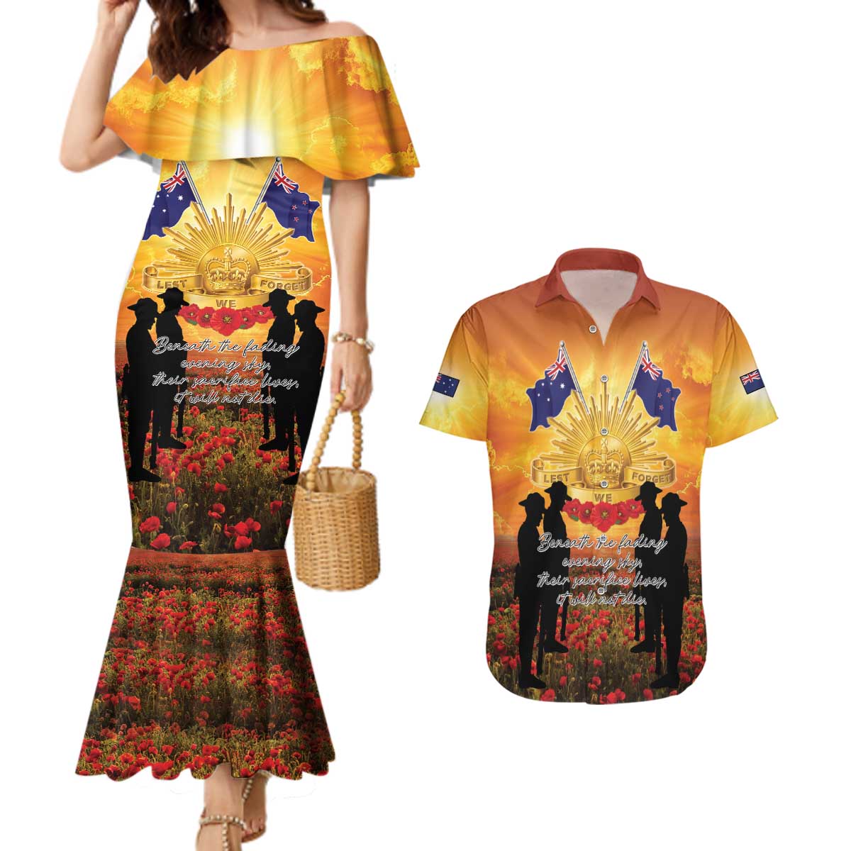 ANZAC Day Couples Matching Mermaid Dress and Hawaiian Shirt Remembrance Tribute Soldiers And Poppy Field LT05 Orange - Polynesian Pride