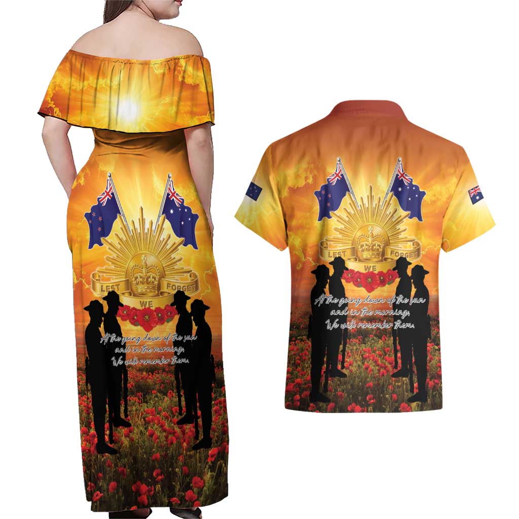 ANZAC Day Couples Matching Off Shoulder Maxi Dress and Hawaiian Shirt Remembrance Tribute Soldiers And Poppy Field LT05 - Polynesian Pride