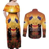 ANZAC Day Couples Matching Off Shoulder Maxi Dress and Long Sleeve Button Shirt Remembrance Tribute Soldiers And Poppy Field