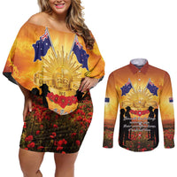 ANZAC Day Couples Matching Off Shoulder Short Dress and Long Sleeve Button Shirt Remembrance Tribute Soldiers And Poppy Field