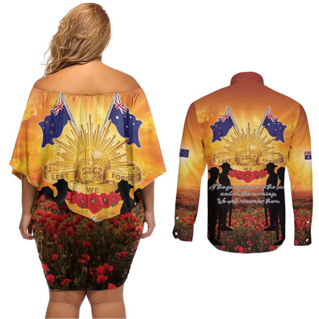 ANZAC Day Couples Matching Off Shoulder Short Dress and Long Sleeve Button Shirt Remembrance Tribute Soldiers And Poppy Field