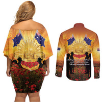 ANZAC Day Couples Matching Off Shoulder Short Dress and Long Sleeve Button Shirt Remembrance Tribute Soldiers And Poppy Field