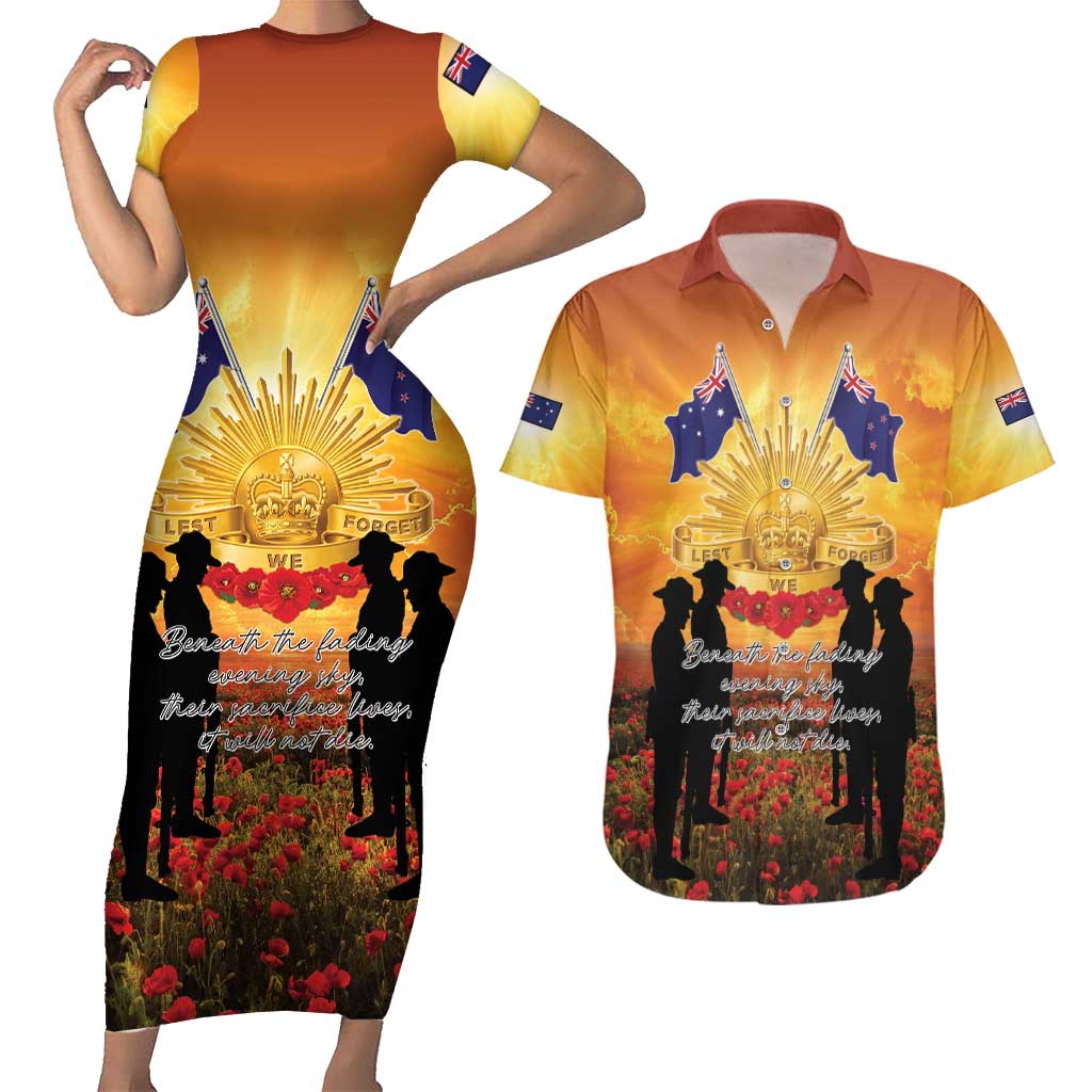 ANZAC Day Couples Matching Short Sleeve Bodycon Dress and Hawaiian Shirt Remembrance Tribute Soldiers And Poppy Field LT05 Orange - Polynesian Pride