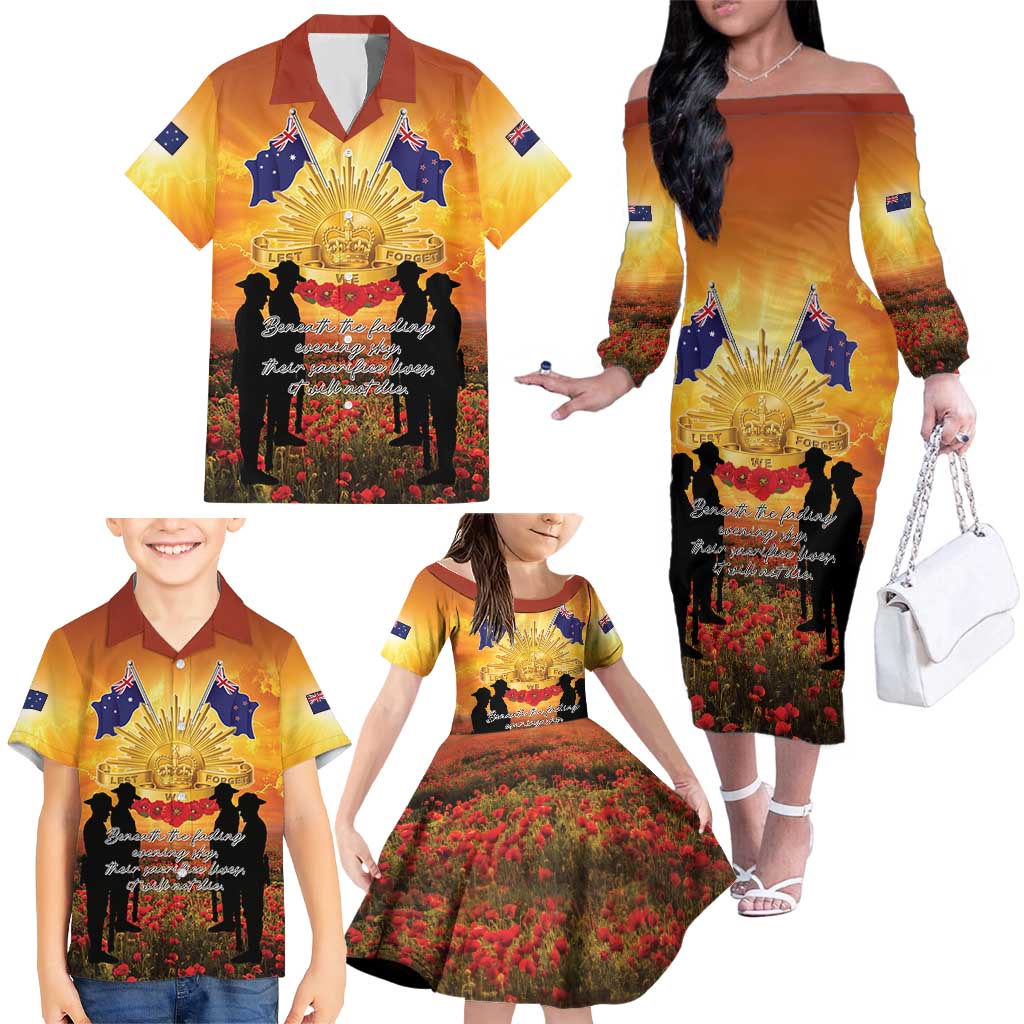 ANZAC Day Family Matching Off The Shoulder Long Sleeve Dress and Hawaiian Shirt Remembrance Tribute Soldiers And Poppy Field LT05 - Polynesian Pride