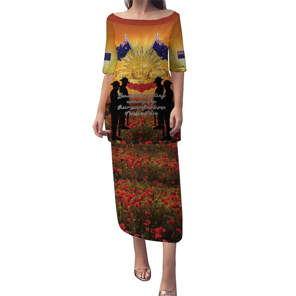 ANZAC Day Family Matching Puletasi and Hawaiian Shirt Remembrance Tribute Soldiers And Poppy Field LT05 Mom's Dress Orange - Polynesian Pride