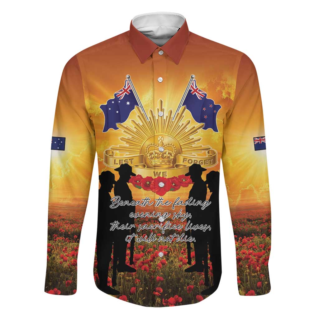 ANZAC Day Family Matching Short Sleeve Bodycon Dress and Hawaiian Shirt Remembrance Tribute Soldiers And Poppy Field LT05 Dad's Shirt - Long Sleeve Orange - Polynesian Pride