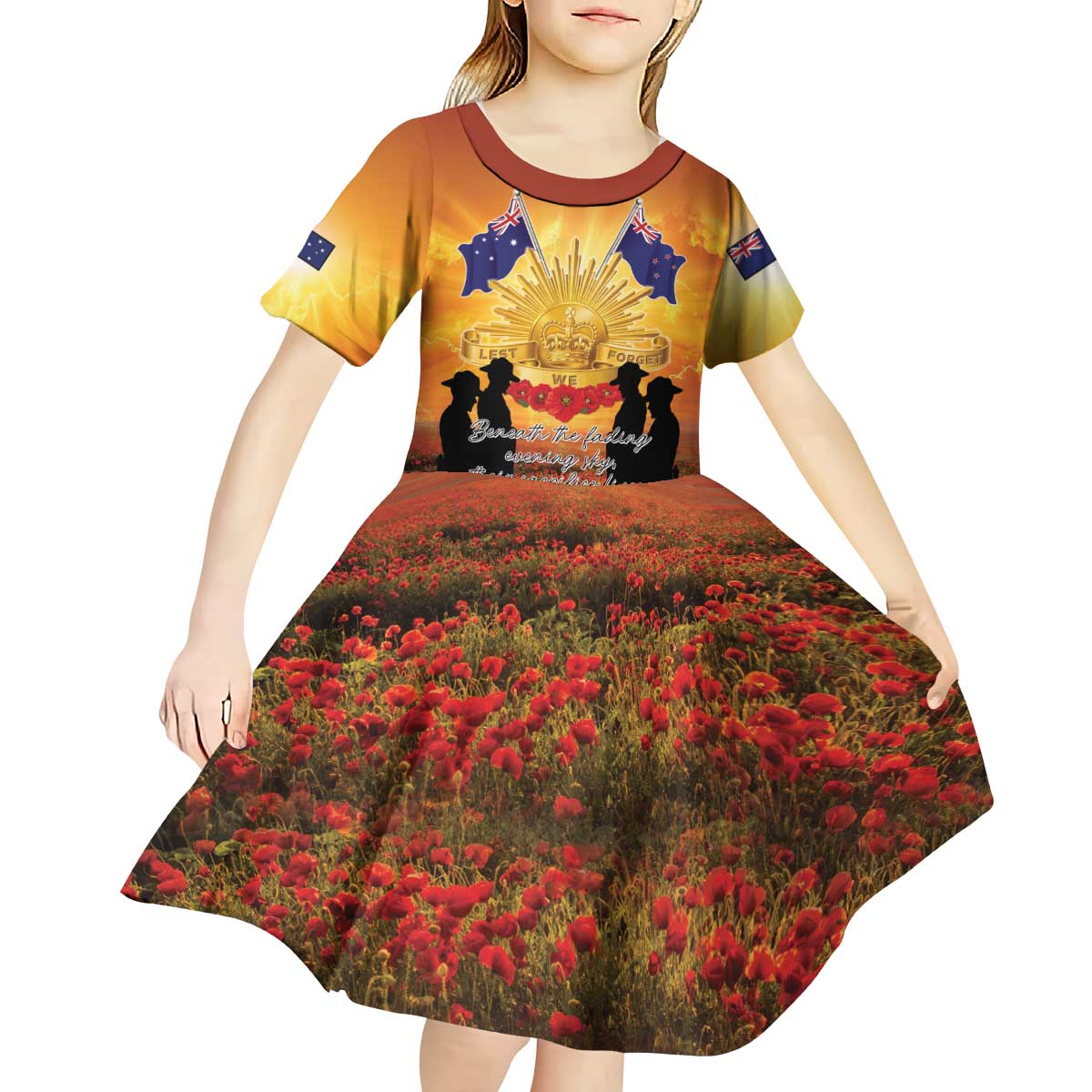 ANZAC Day Kid Short Sleeve Dress Remembrance Tribute Soldiers And Poppy Field