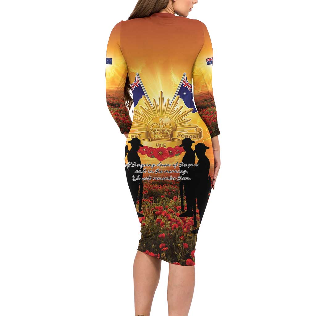 ANZAC Day Long Sleeve Bodycon Dress Remembrance Tribute Soldiers And Poppy Field