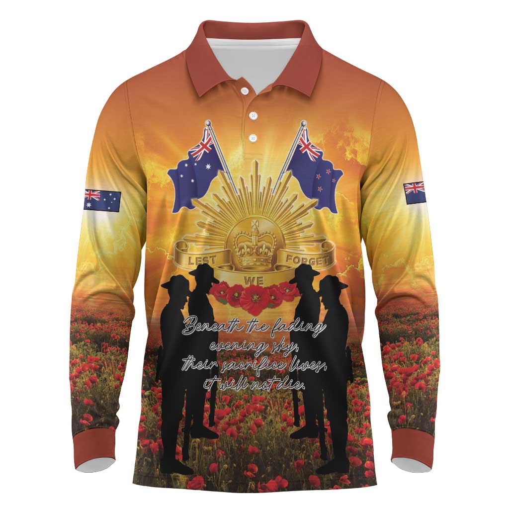 ANZAC Day Long Sleeve Polo Shirt Remembrance Tribute Soldiers And Poppy Field