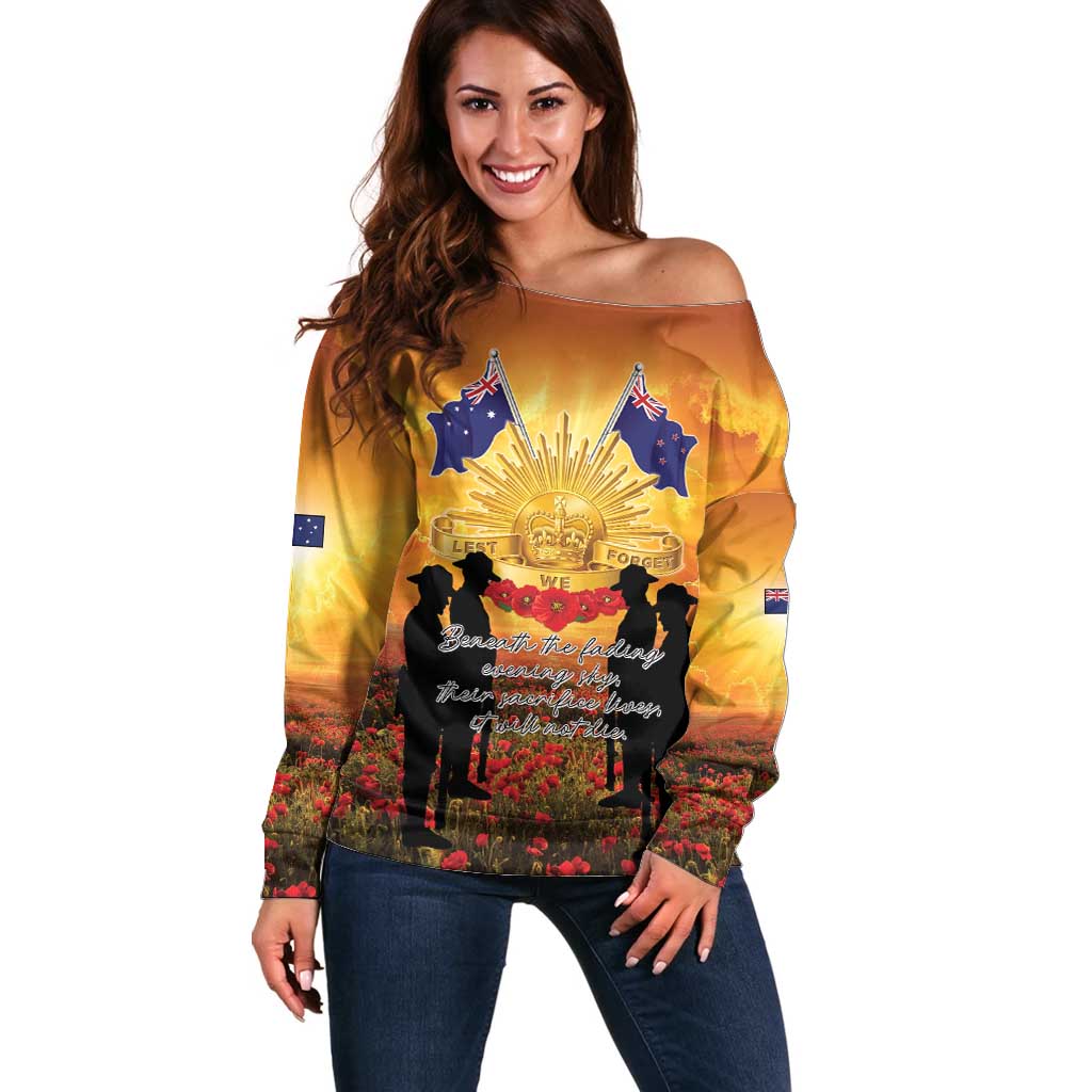 ANZAC Day Off Shoulder Sweater Remembrance Tribute Soldiers And Poppy Field