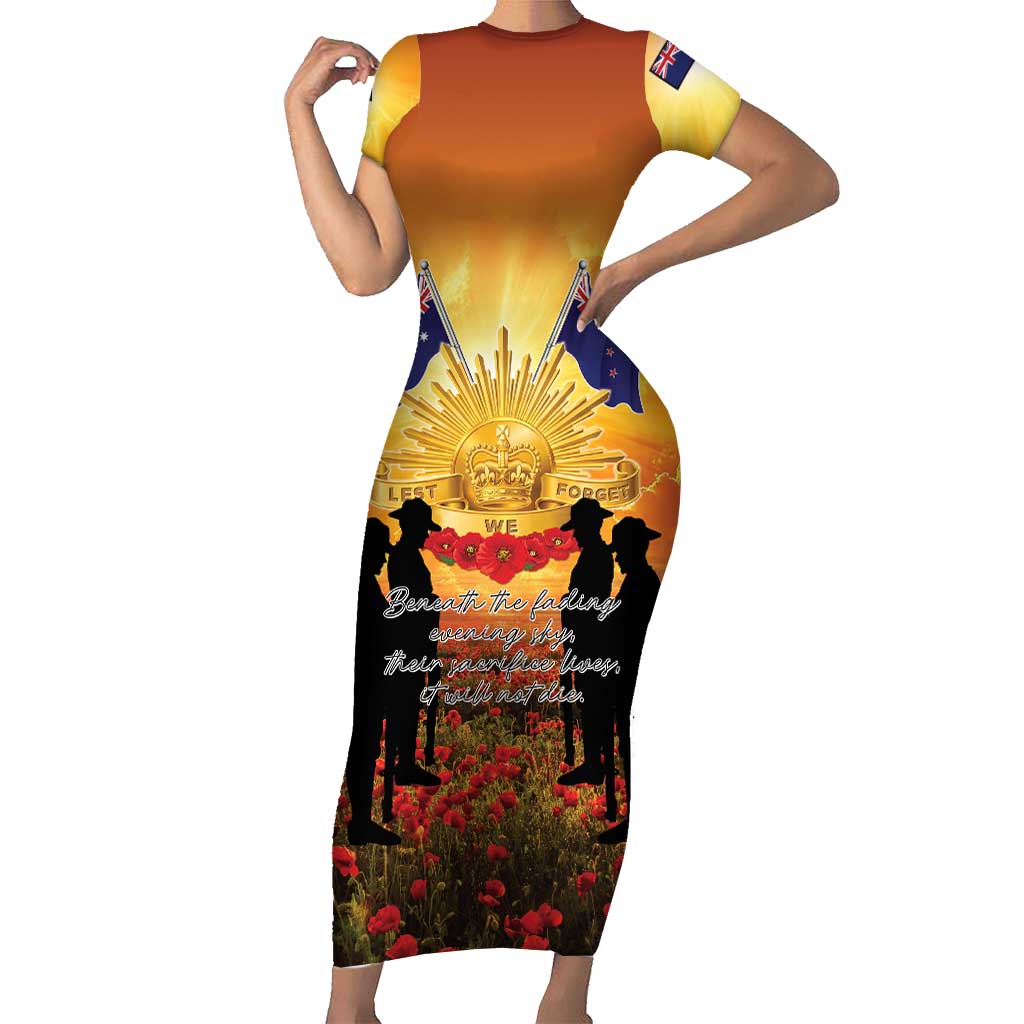 ANZAC Day Short Sleeve Bodycon Dress Remembrance Tribute Soldiers And Poppy Field