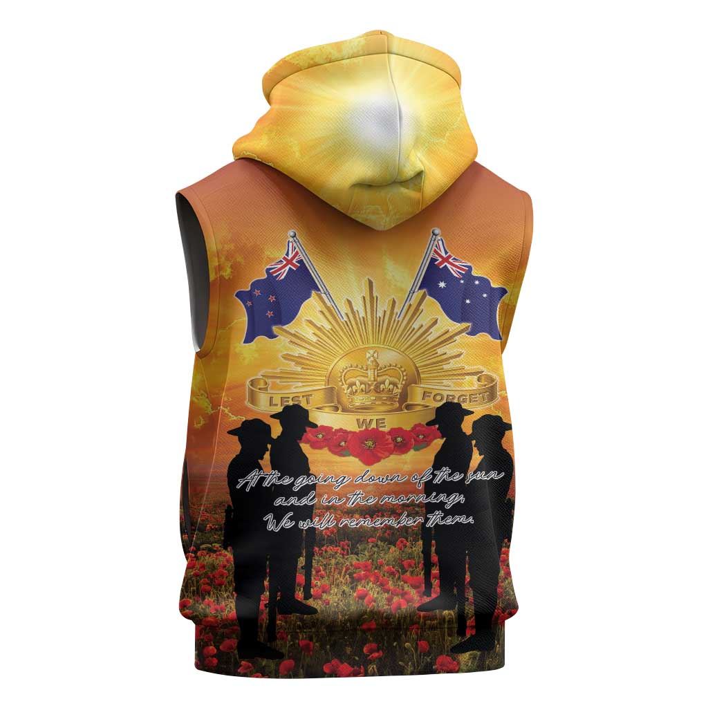 ANZAC Day Sleeveless Zip Hoodie Remembrance Tribute Soldiers And Poppy Field
