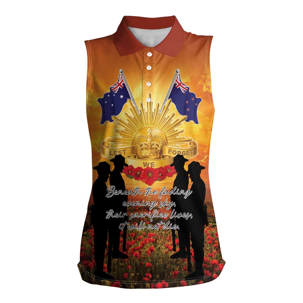 ANZAC Day Women Sleeveless Polo Shirt Remembrance Tribute Soldiers And Poppy Field