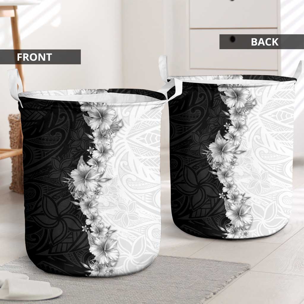 Hawaii Hibiscus Flowers Laundry Basket Grayscale Polynesian Pattern