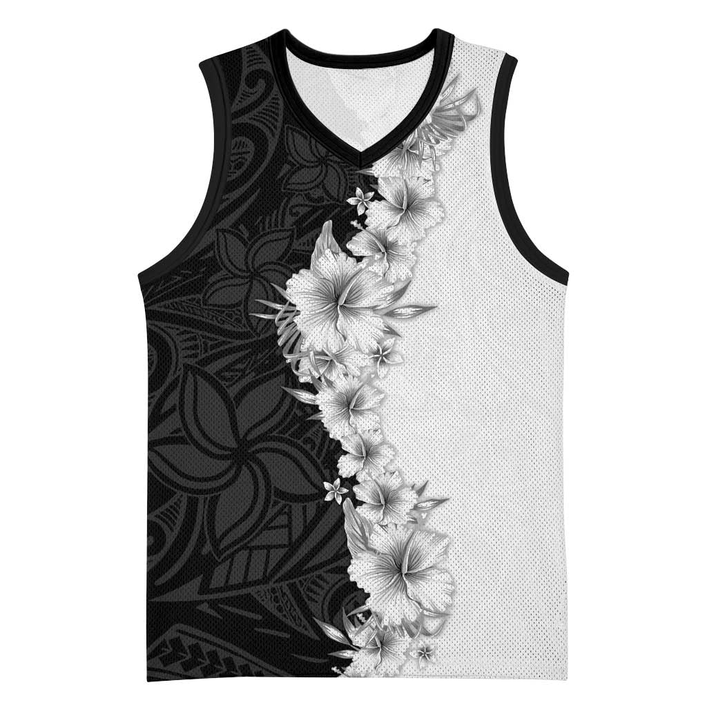 Hawaii Hibiscus Flowers Basketball Jersey Grayscale Polynesian Pattern