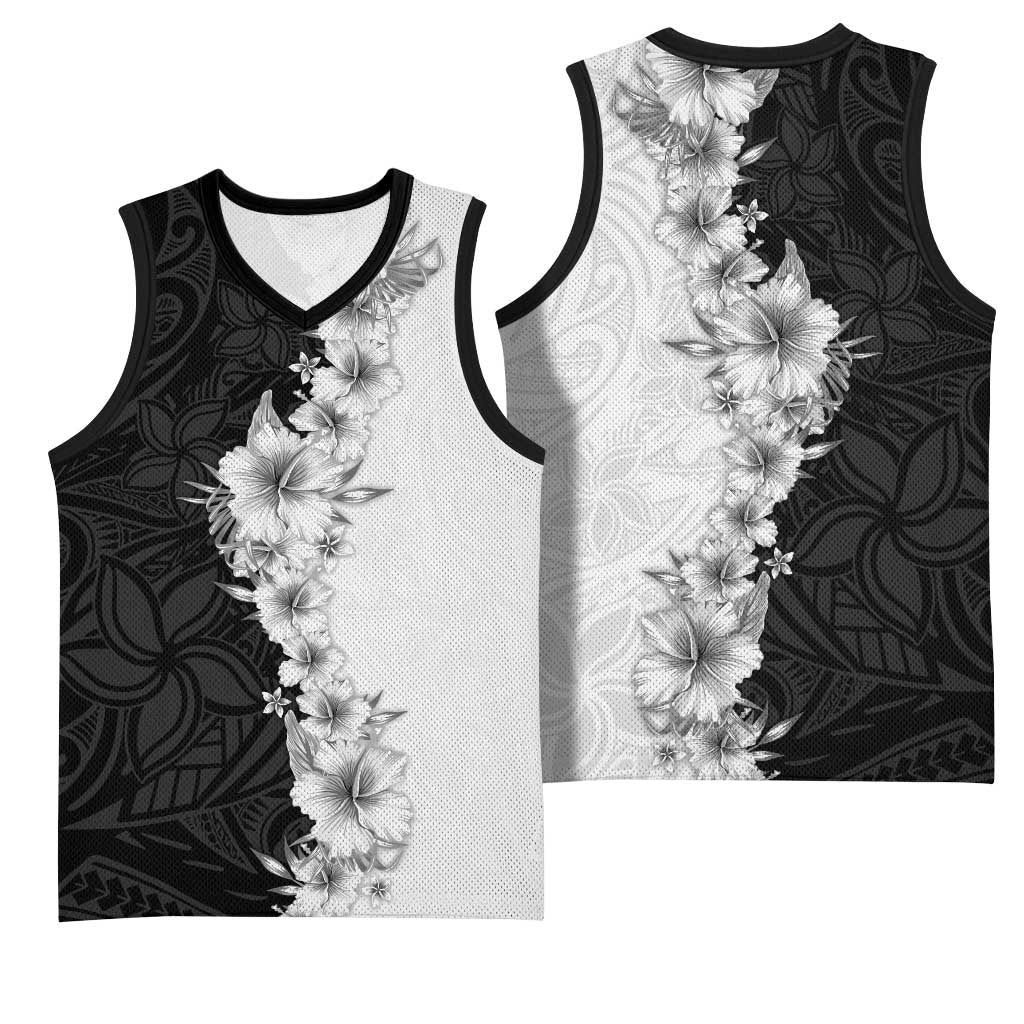 Hawaii Hibiscus Flowers Basketball Jersey Grayscale Polynesian Pattern
