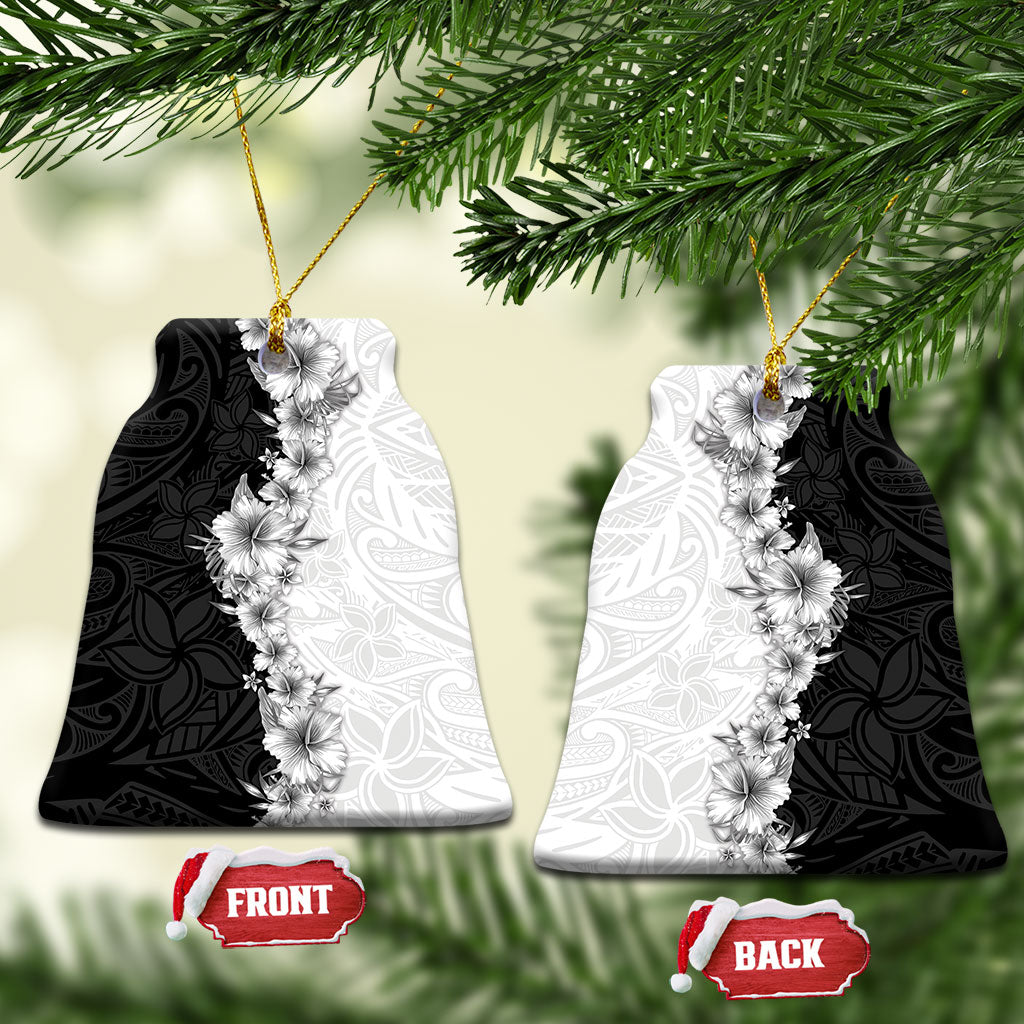 Hawaii Hibiscus Flowers Ceramic Ornament Grayscale Polynesian Pattern LT05 Bell Flake Black - Polynesian Pride