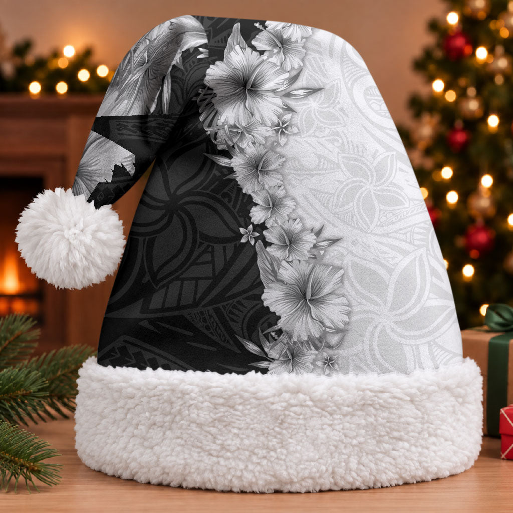 Hawaii Hibiscus Flowers Christmas Santa Hat Grayscale Polynesian Pattern LT05 With Fur Black - Polynesian Pride