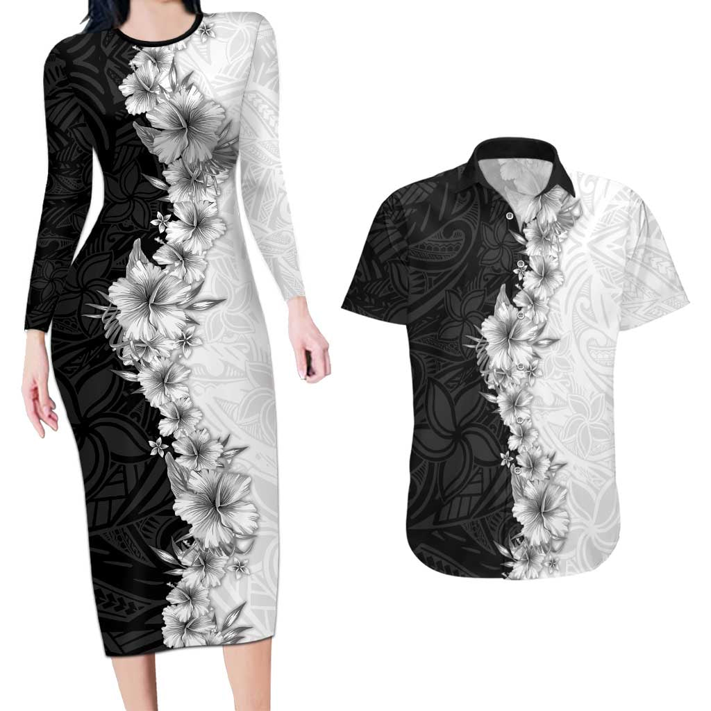 Hawaii Hibiscus Flowers Couples Matching Long Sleeve Bodycon Dress and Hawaiian Shirt Grayscale Polynesian Pattern
