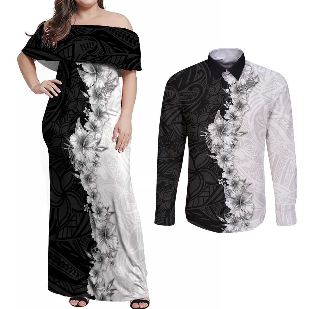 Hawaii Hibiscus Flowers Couples Matching Off Shoulder Maxi Dress and Long Sleeve Button Shirt Grayscale Polynesian Pattern