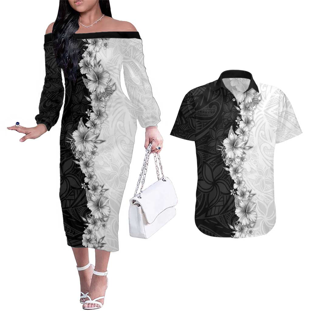 Hawaii Hibiscus Flowers Couples Matching Off The Shoulder Long Sleeve Dress and Hawaiian Shirt Grayscale Polynesian Pattern