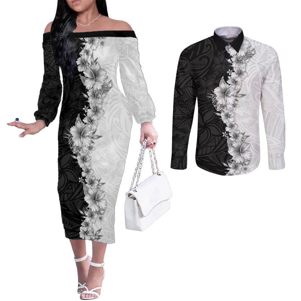 Hawaii Hibiscus Flowers Couples Matching Off The Shoulder Long Sleeve Dress and Long Sleeve Button Shirt Grayscale Polynesian Pattern