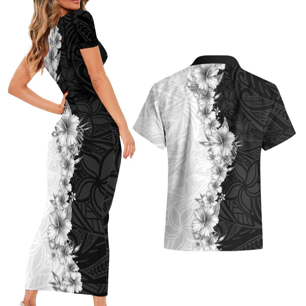 Hawaii Hibiscus Flowers Couples Matching Short Sleeve Bodycon Dress and Hawaiian Shirt Grayscale Polynesian Pattern