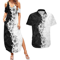 Hawaii Hibiscus Flowers Couples Matching Summer Maxi Dress and Hawaiian Shirt Grayscale Polynesian Pattern