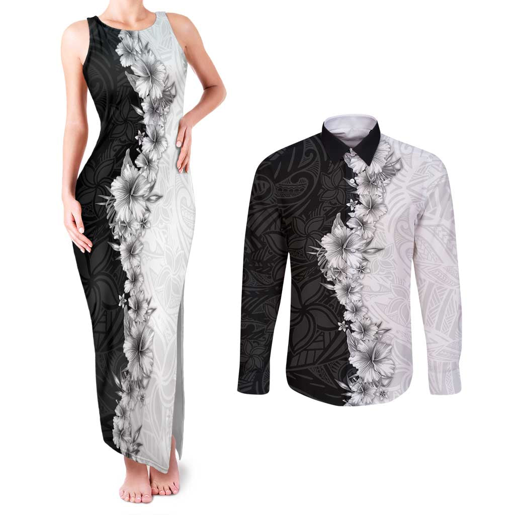 Hawaii Hibiscus Flowers Couples Matching Tank Maxi Dress and Long Sleeve Button Shirt Grayscale Polynesian Pattern