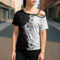 Hawaii Hibiscus Flowers Cross Shoulder Shirt Grayscale Polynesian Pattern