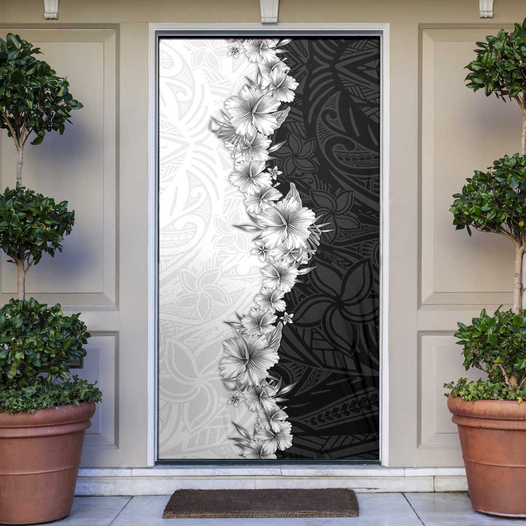 Hawaii Hibiscus Flowers Door Cover Grayscale Polynesian Pattern