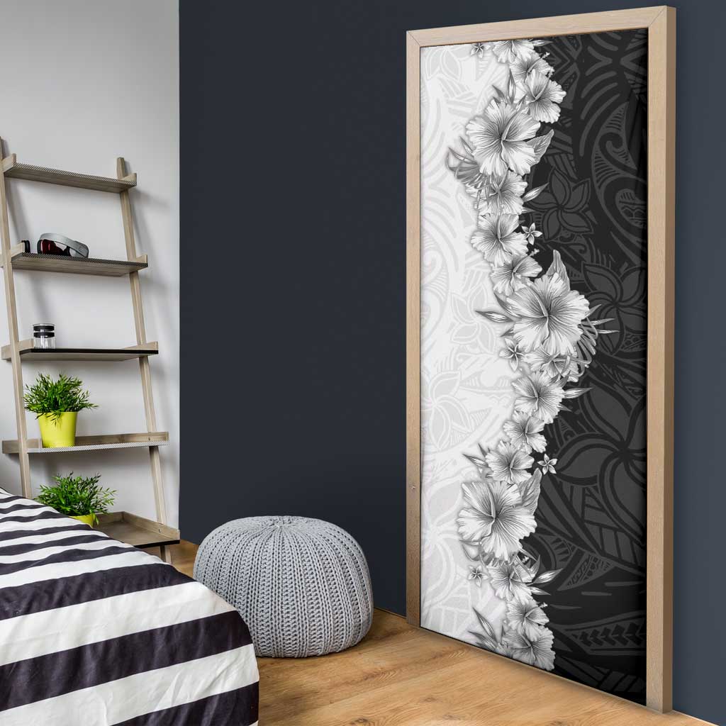 Hawaii Hibiscus Flowers Door Cover Grayscale Polynesian Pattern
