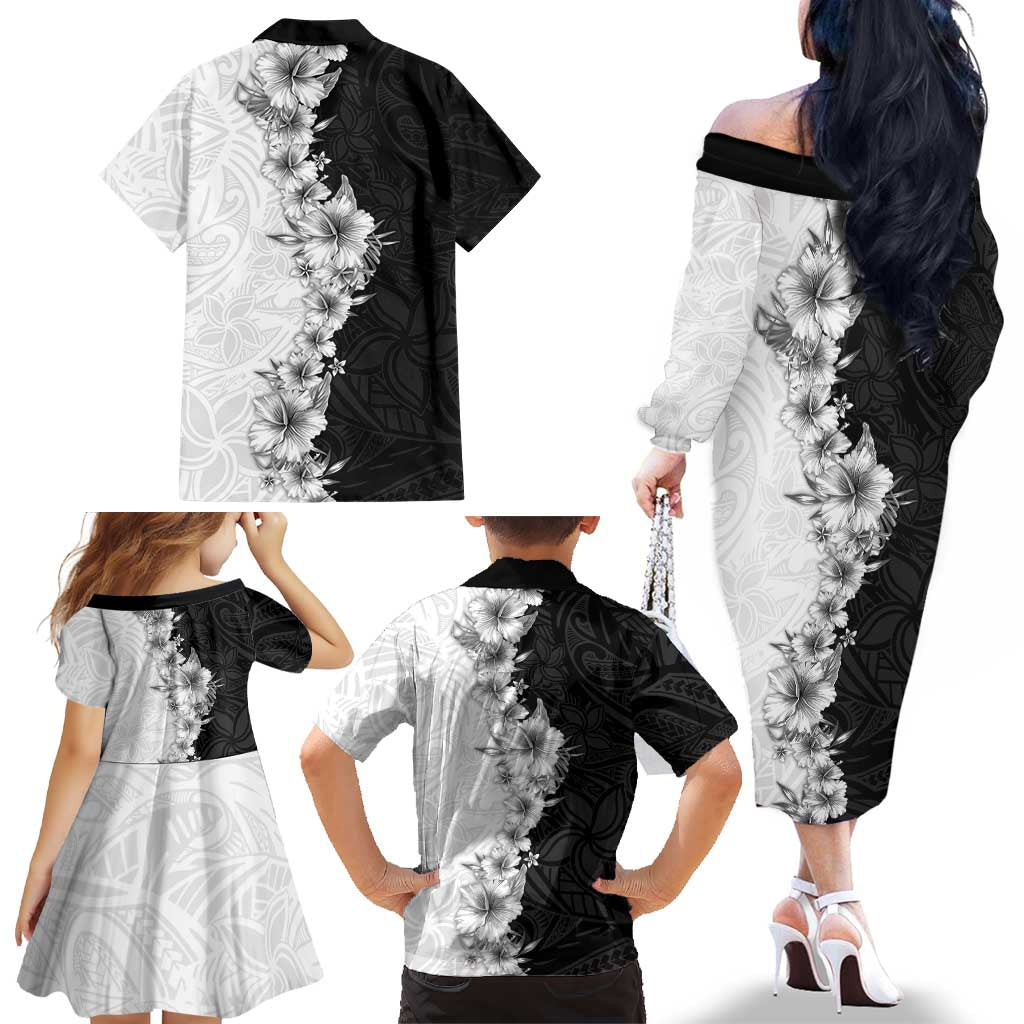 Hawaii Hibiscus Flowers Family Matching Off The Shoulder Long Sleeve Dress and Hawaiian Shirt Grayscale Polynesian Pattern