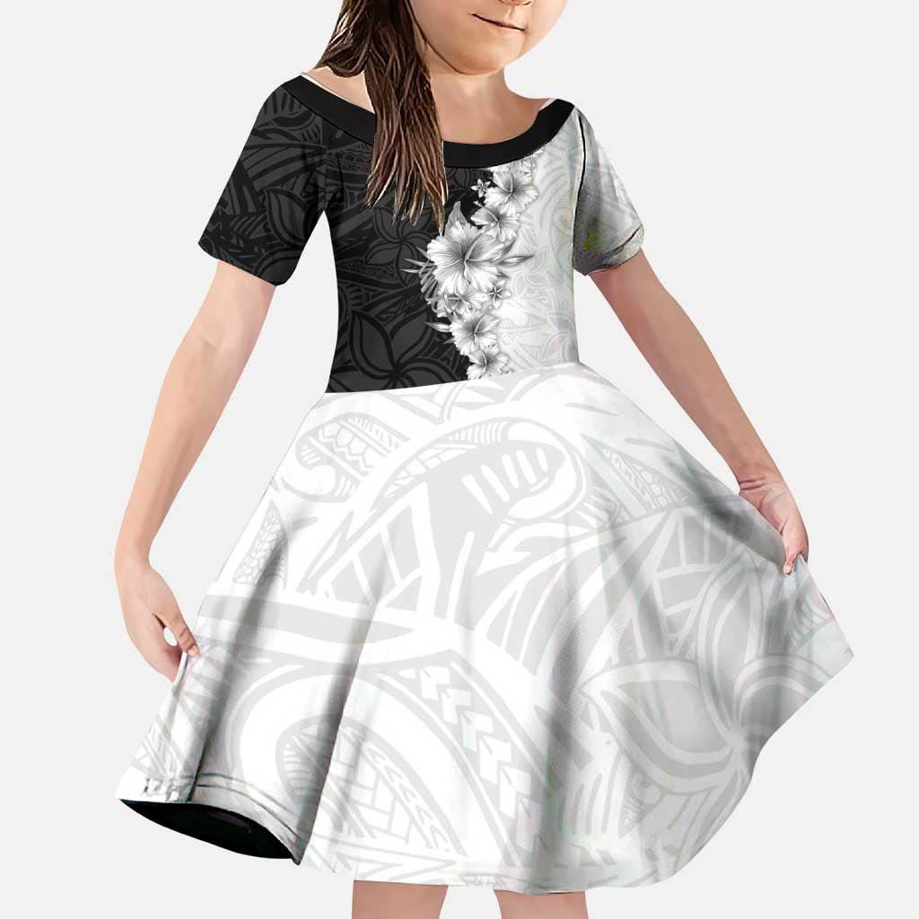 Hawaii Hibiscus Flowers Family Matching Off Shoulder Maxi Dress and Hawaiian Shirt Grayscale Polynesian Pattern LT05 Daughter's Dress Black - Polynesian Pride