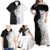 Hawaii Hibiscus Flowers Family Matching Off Shoulder Maxi Dress and Hawaiian Shirt Grayscale Polynesian Pattern LT05 - Polynesian Pride