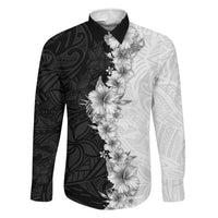 Hawaii Hibiscus Flowers Family Matching Off Shoulder Maxi Dress and Hawaiian Shirt Grayscale Polynesian Pattern LT05 Dad's Shirt - Long Sleeve Black - Polynesian Pride