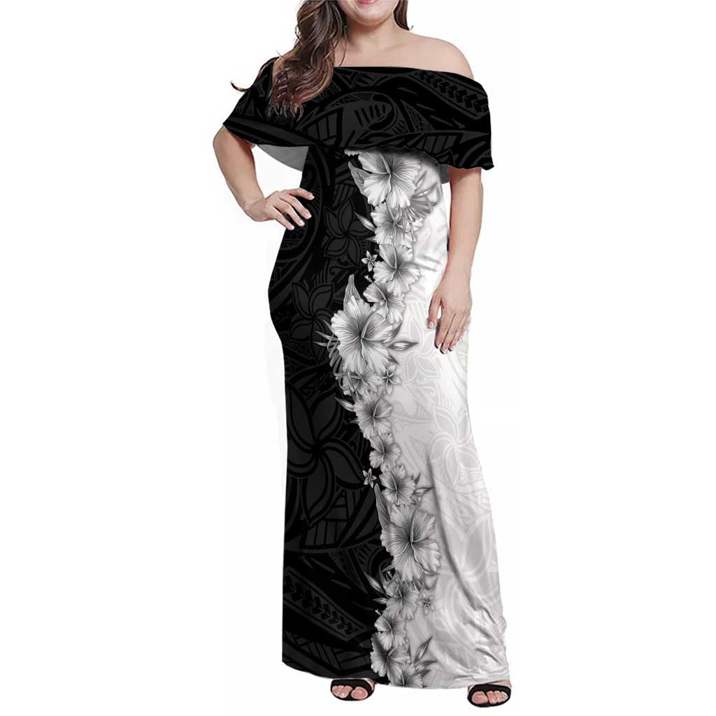 Hawaii Hibiscus Flowers Family Matching Off Shoulder Maxi Dress and Hawaiian Shirt Grayscale Polynesian Pattern LT05 Mom's Dress Black - Polynesian Pride