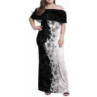 Hawaii Hibiscus Flowers Family Matching Off Shoulder Maxi Dress and Hawaiian Shirt Grayscale Polynesian Pattern LT05 Mom's Dress Black - Polynesian Pride