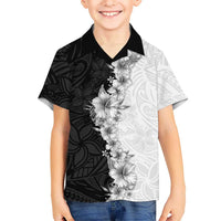 Hawaii Hibiscus Flowers Family Matching Off Shoulder Maxi Dress and Hawaiian Shirt Grayscale Polynesian Pattern LT05 Son's Shirt Black - Polynesian Pride