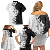 Hawaii Hibiscus Flowers Family Matching Off Shoulder Short Dress and Hawaiian Shirt Grayscale Polynesian Pattern