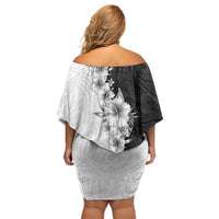 Hawaii Hibiscus Flowers Family Matching Off Shoulder Short Dress and Hawaiian Shirt Grayscale Polynesian Pattern
