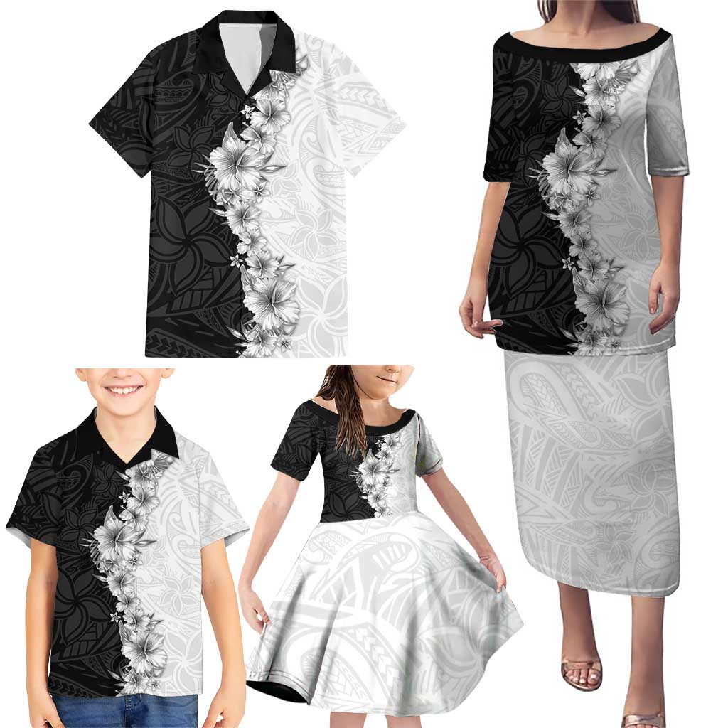 Hawaii Hibiscus Flowers Family Matching Puletasi and Hawaiian Shirt Grayscale Polynesian Pattern