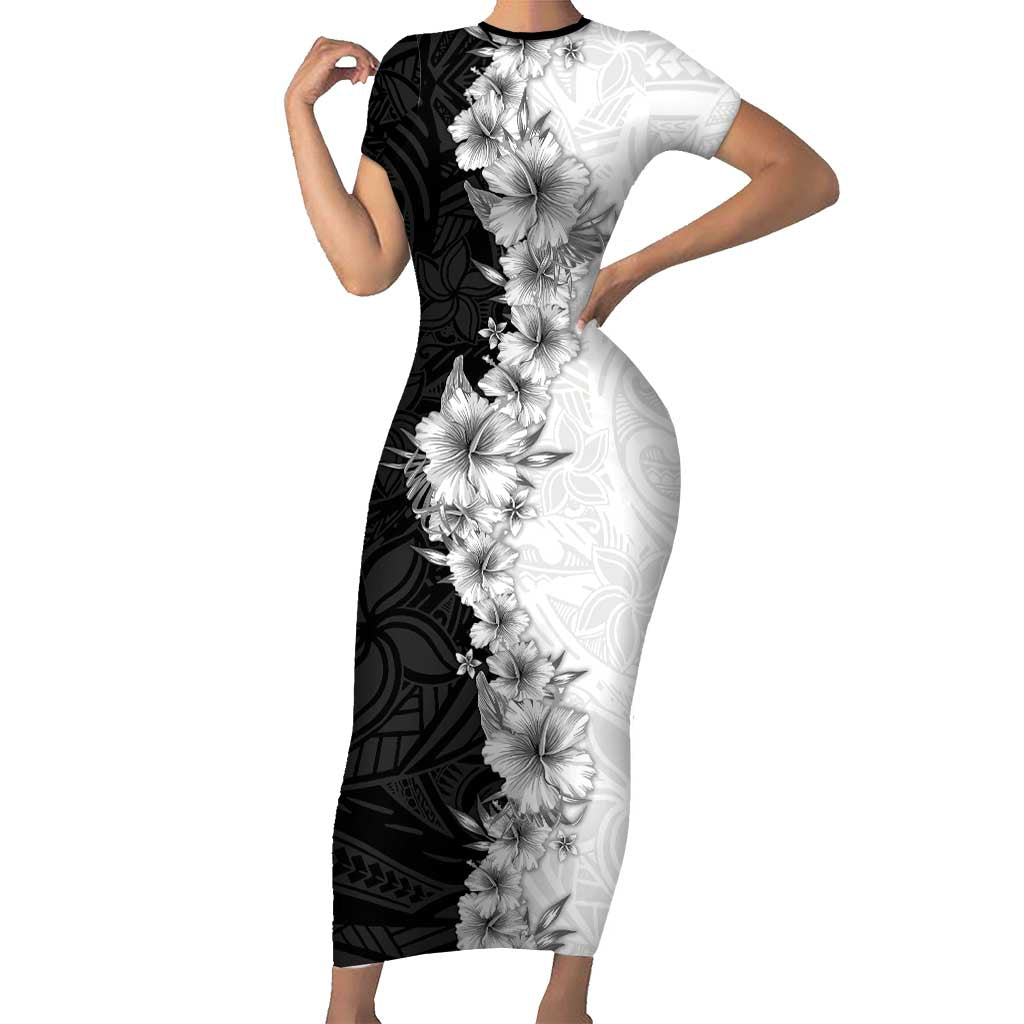 Hawaii Hibiscus Flowers Family Matching Short Sleeve Bodycon Dress and Hawaiian Shirt Grayscale Polynesian Pattern