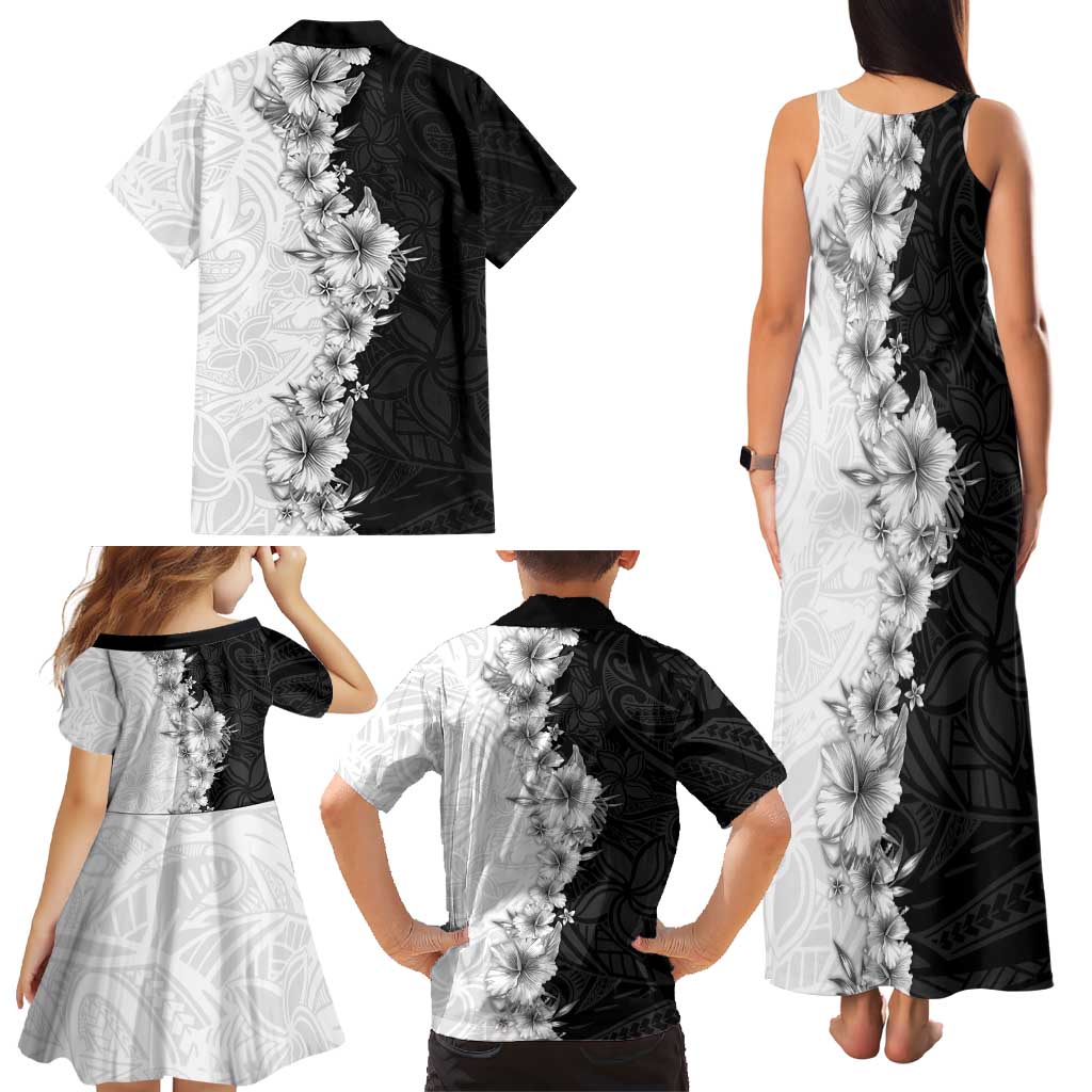 Hawaii Hibiscus Flowers Family Matching Tank Maxi Dress and Hawaiian Shirt Grayscale Polynesian Pattern