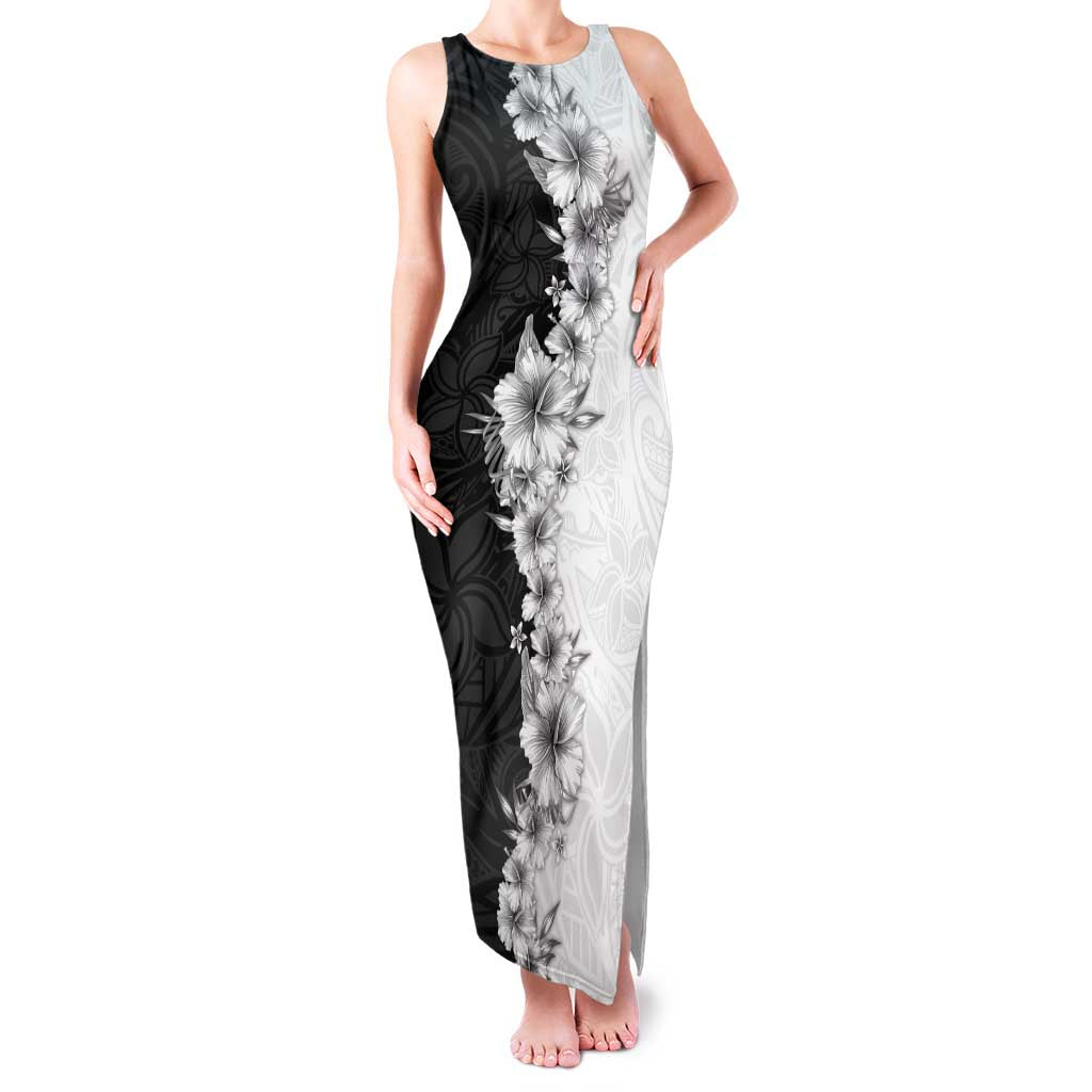 Hawaii Hibiscus Flowers Family Matching Tank Maxi Dress and Hawaiian Shirt Grayscale Polynesian Pattern