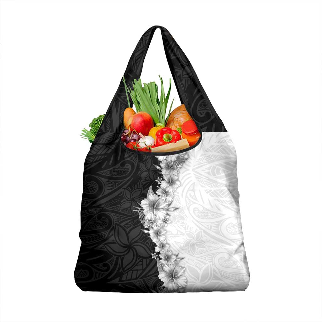 Hawaii Hibiscus Flowers Grocery Bag Grayscale Polynesian Pattern