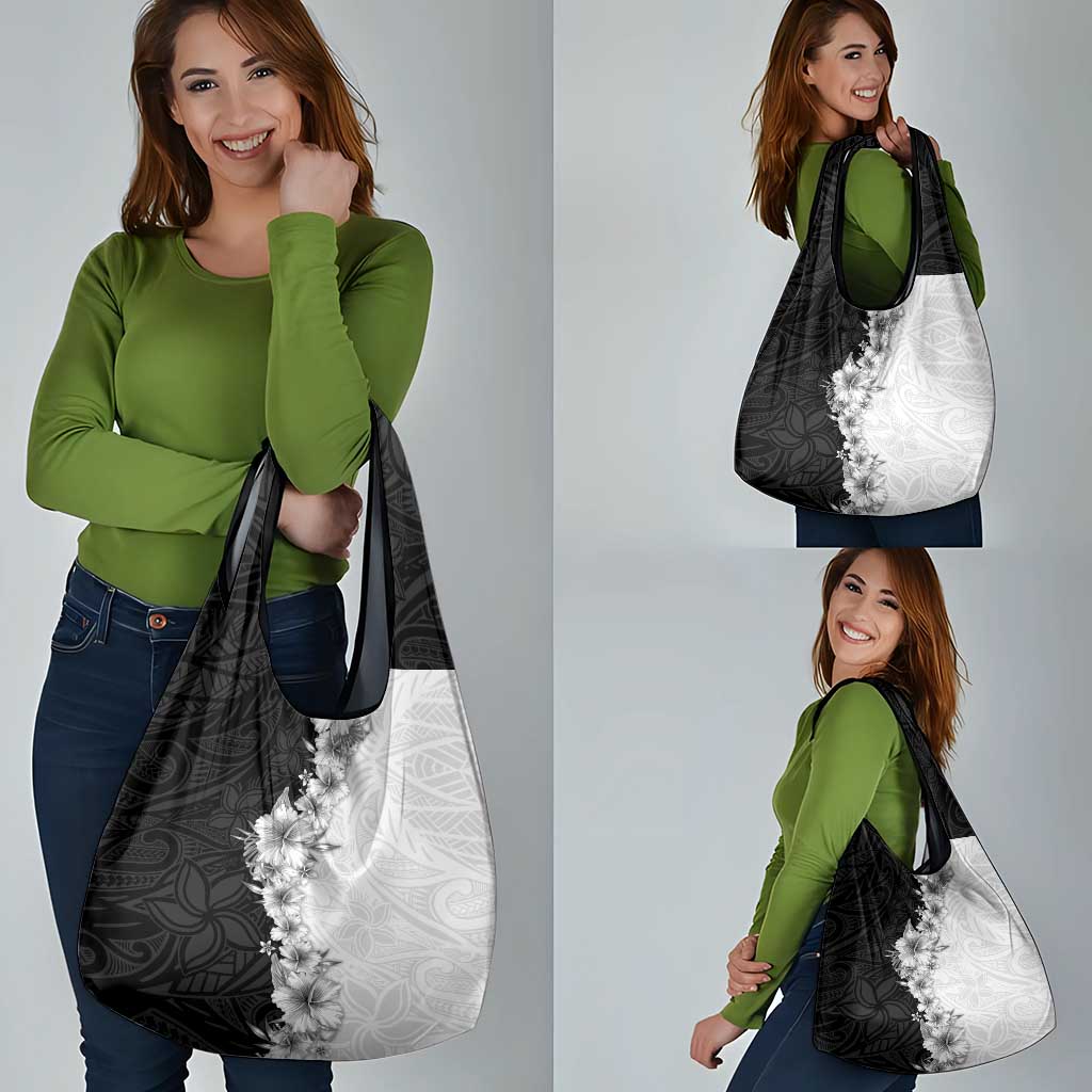 Hawaii Hibiscus Flowers Grocery Bag Grayscale Polynesian Pattern