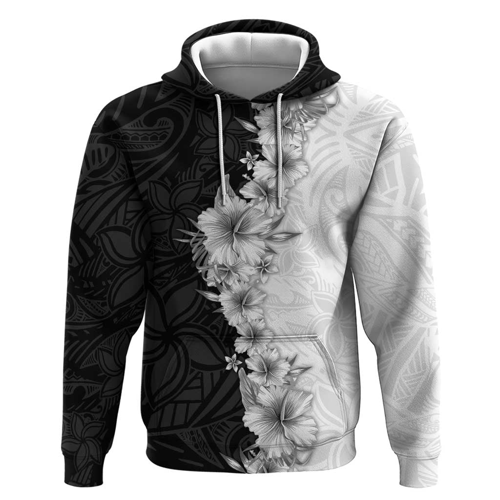 Hawaii Hibiscus Flowers Hoodie Grayscale Polynesian Pattern